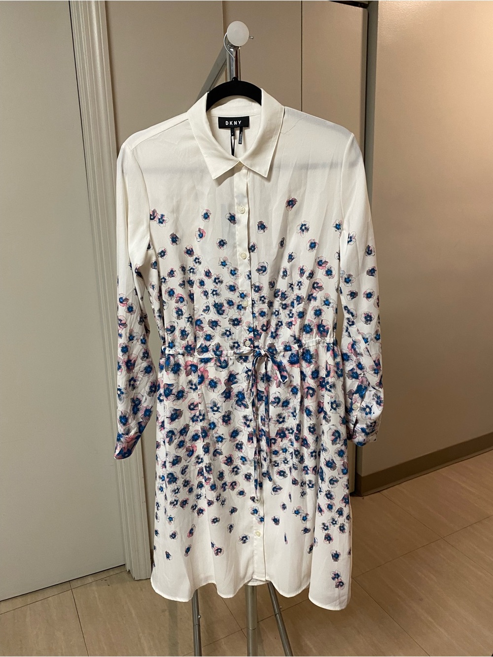 DKNY White Floral Long-Sleeve Shirtdress with Blue & Pink Accents